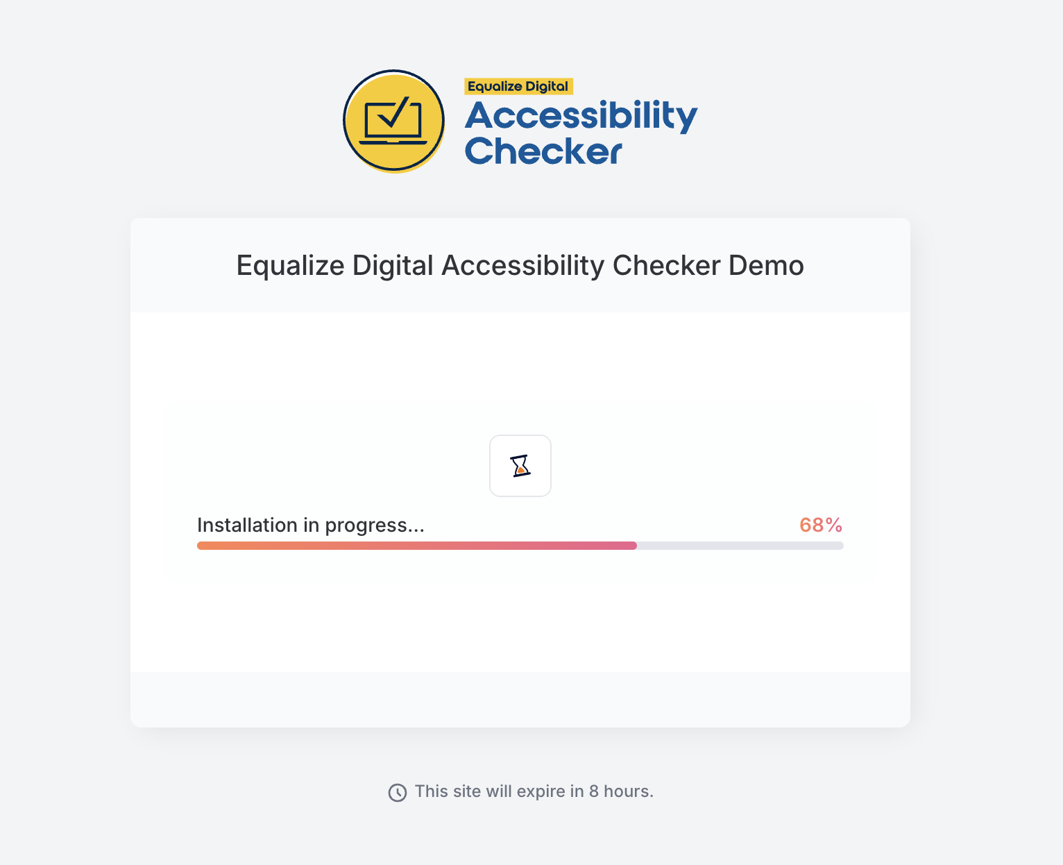 Loading screen for the Equalize Digital Accessibility Checker Demo showing an installation in progress with a progress bar.